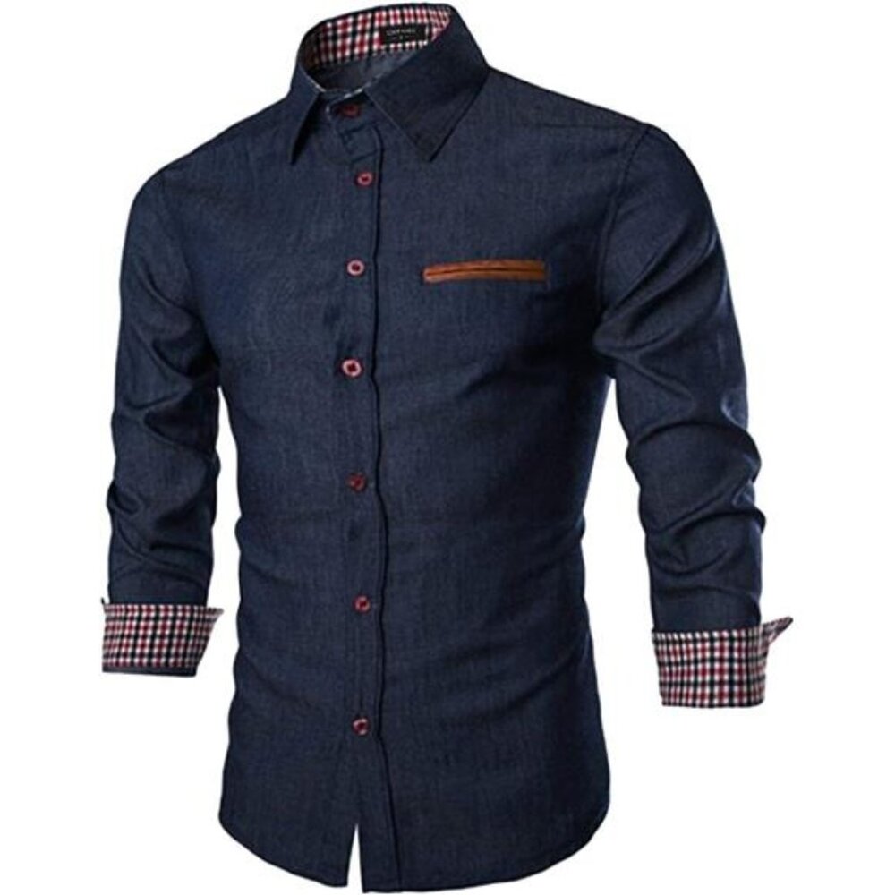 Men's Casual Blue Polo Shirt‎ Button Down Shirts Long-Sleeve Denim Work Shirt